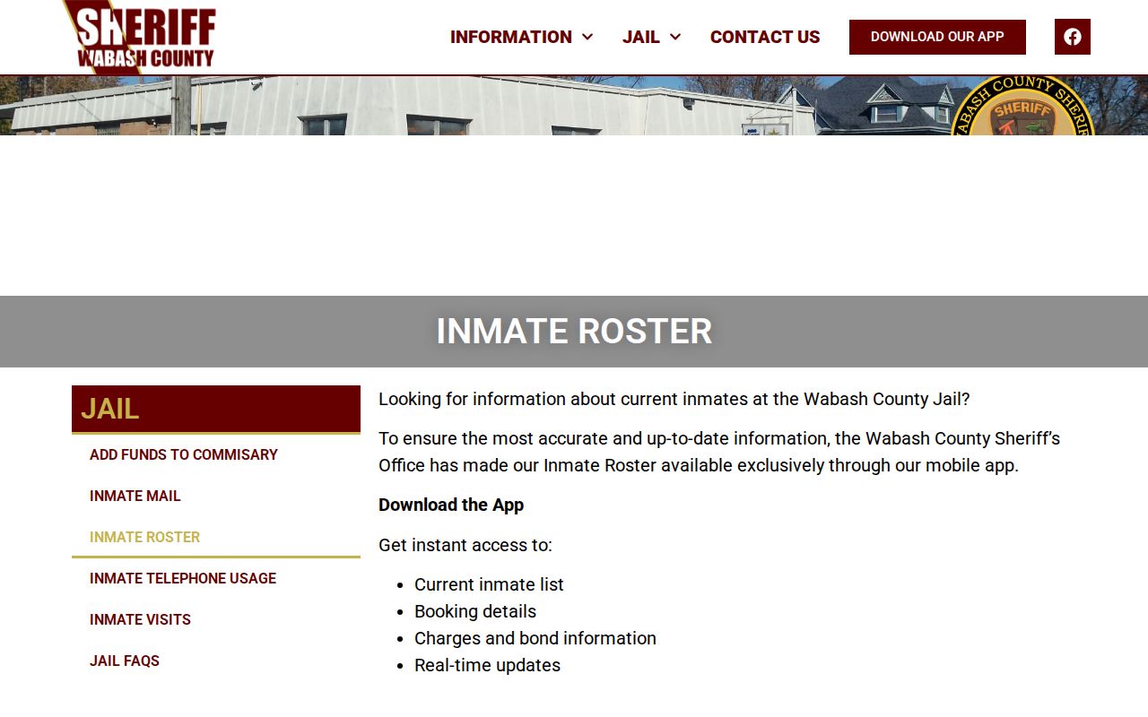 Wabash County jail roster app-only booking record notice