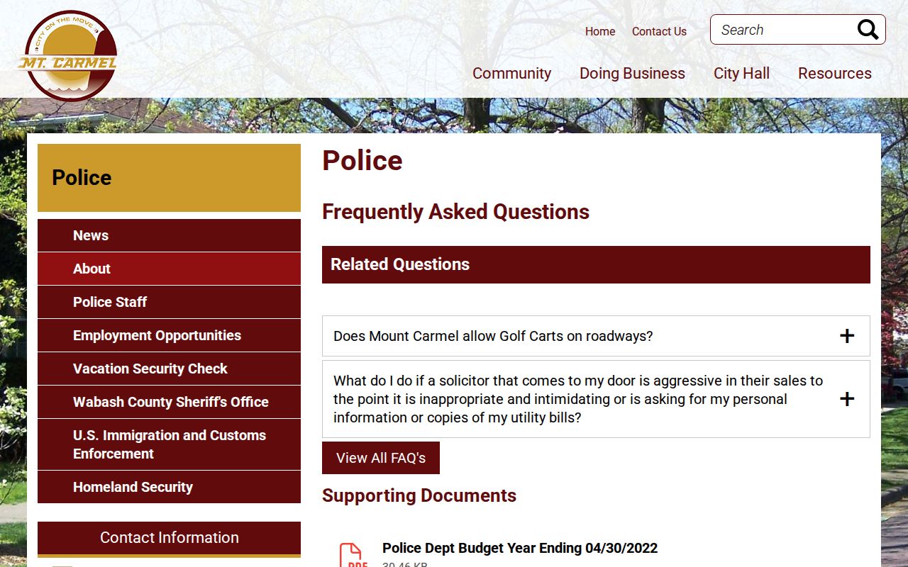Mount Carmel Police Department arrest records source in Wabash County